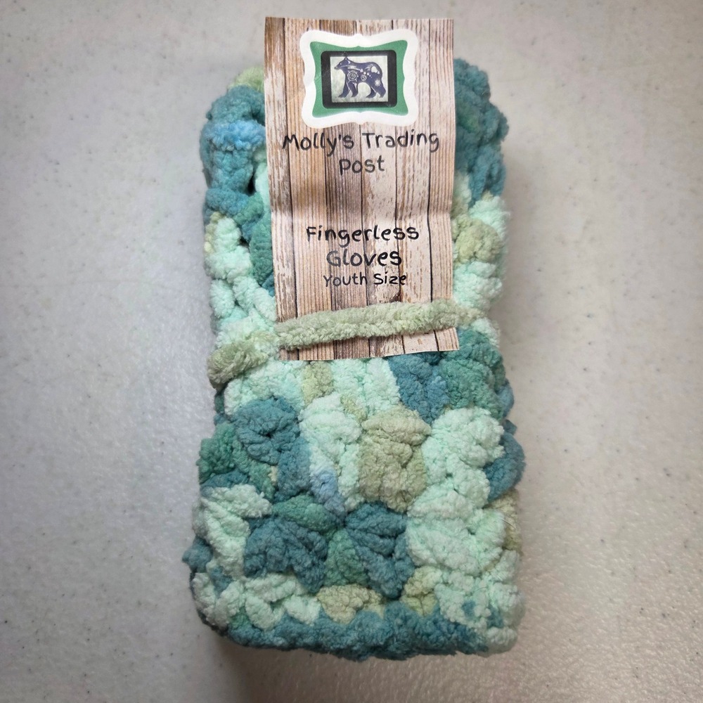 Mollys Trading Post Youth Fingerless Gloves Blue Green Crochet